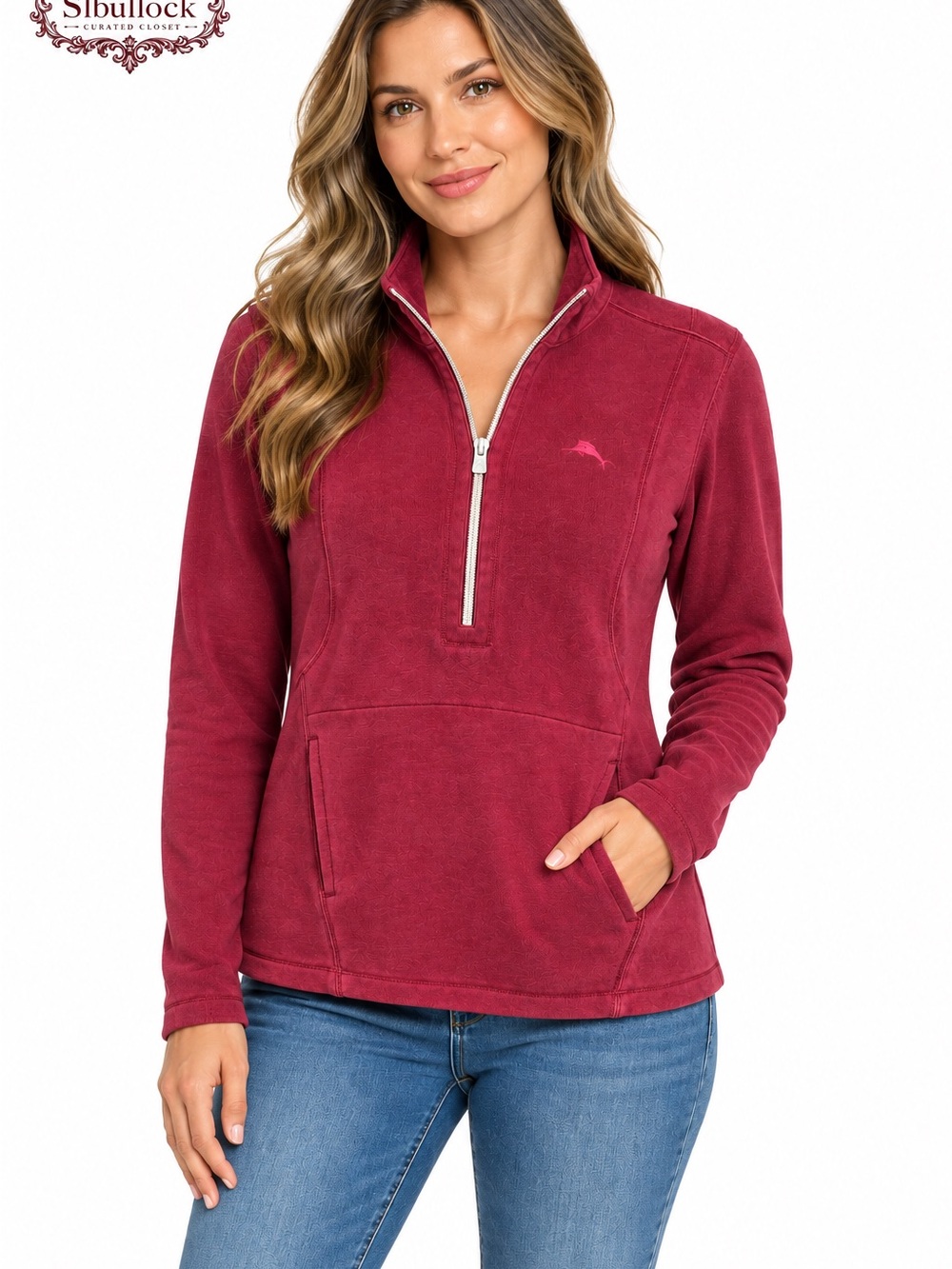 T67 Tommy Bahama Burgundy Ribbed Half Zip Pullover Size S Petite Cotton Blend